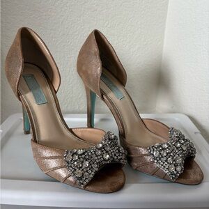 Betsey Johnson Shimmering Tan Heels with Rhinestone Bow